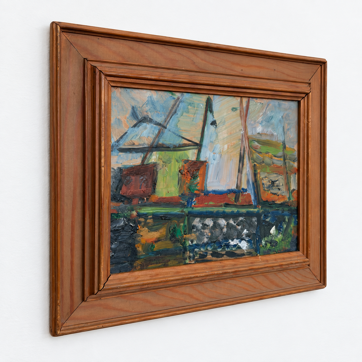 Small Vintage Framed Mid-Century Scandinavian Harbor Oil Painting