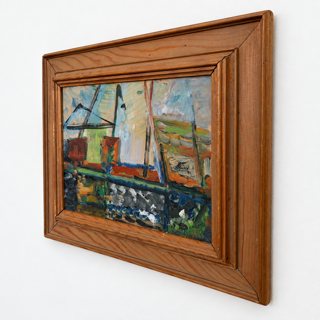 Small Vintage Framed Mid-Century Scandinavian Harbor Oil Painting