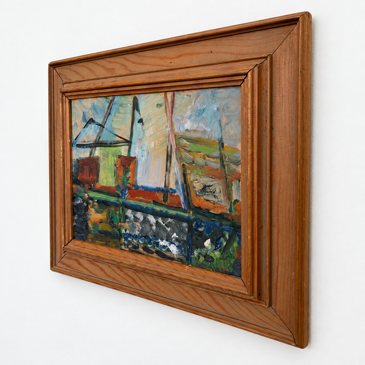 Small Vintage Framed Mid-Century Scandinavian Harbor Oil Painting