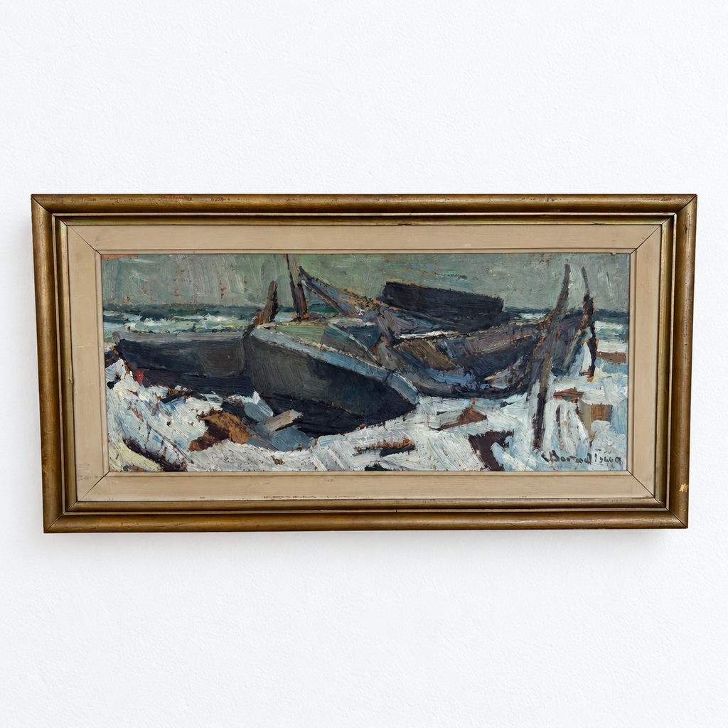 Vintage Swedish Fishing Boats Painting – Signed 1969, Original Frame