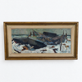 Vintage Swedish Fishing Boats Painting – Signed 1969, Original Frame