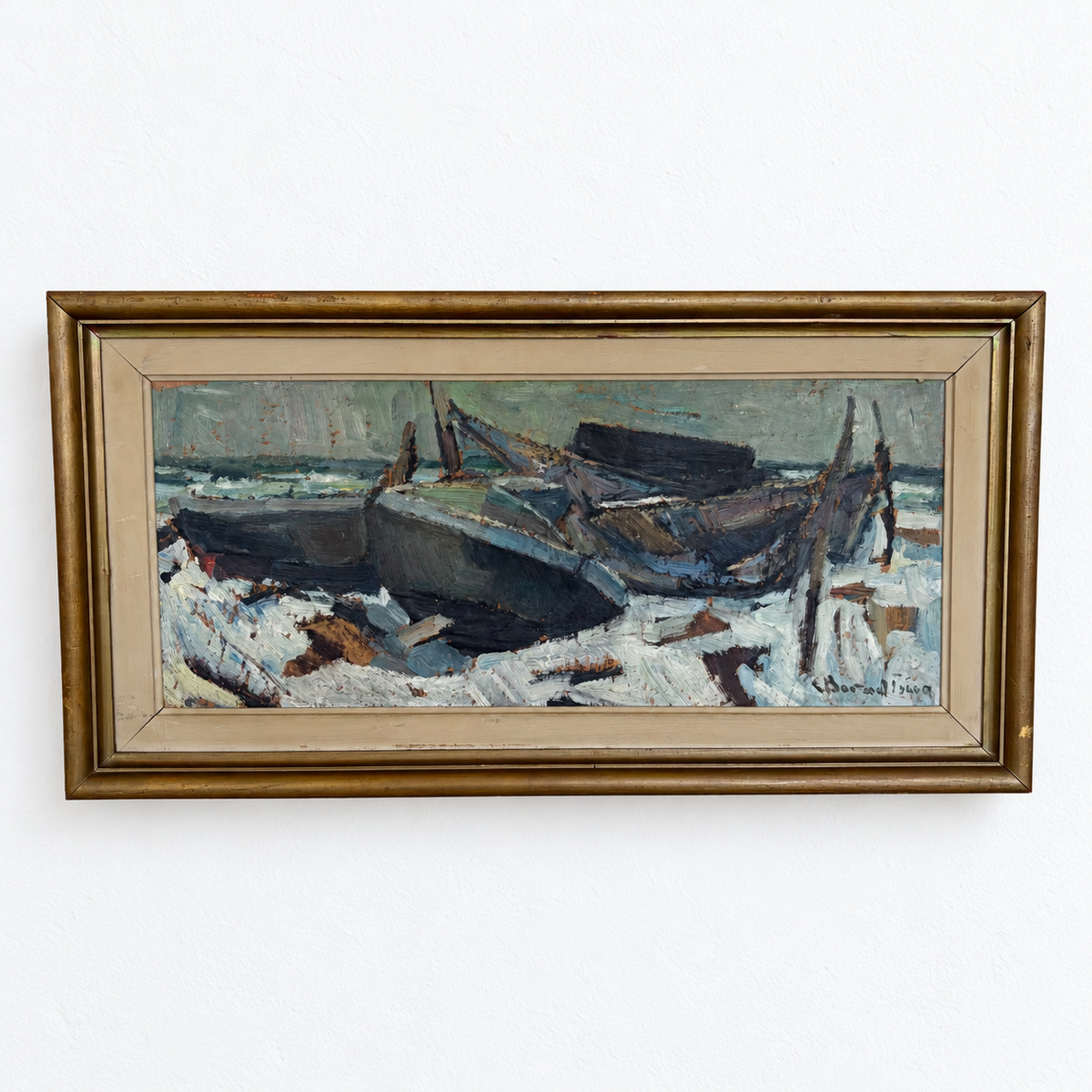 Vintage Swedish Fishing Boats Painting – Signed 1969, Original Frame