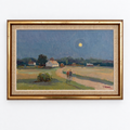 Moonlit Landscape Painting with Two Figures | Signed, Original Frame