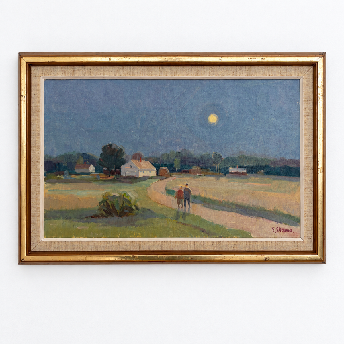 Moonlit Landscape Painting with Two Figures | Signed, Original Frame