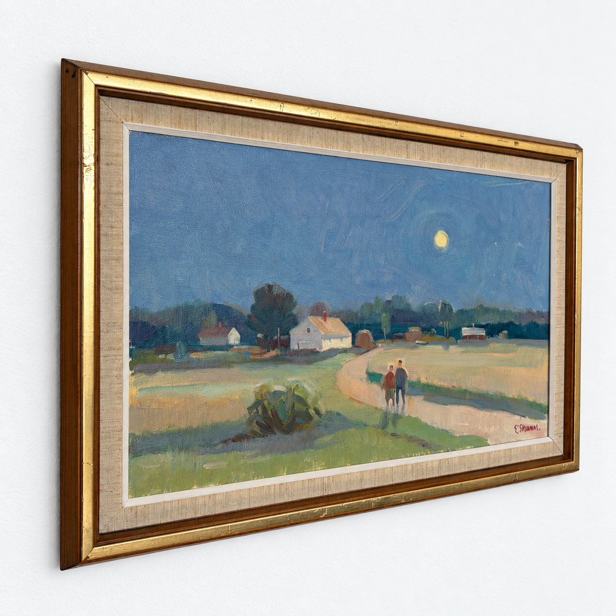Moonlit Landscape Painting with Two Figures | Signed, Original Frame