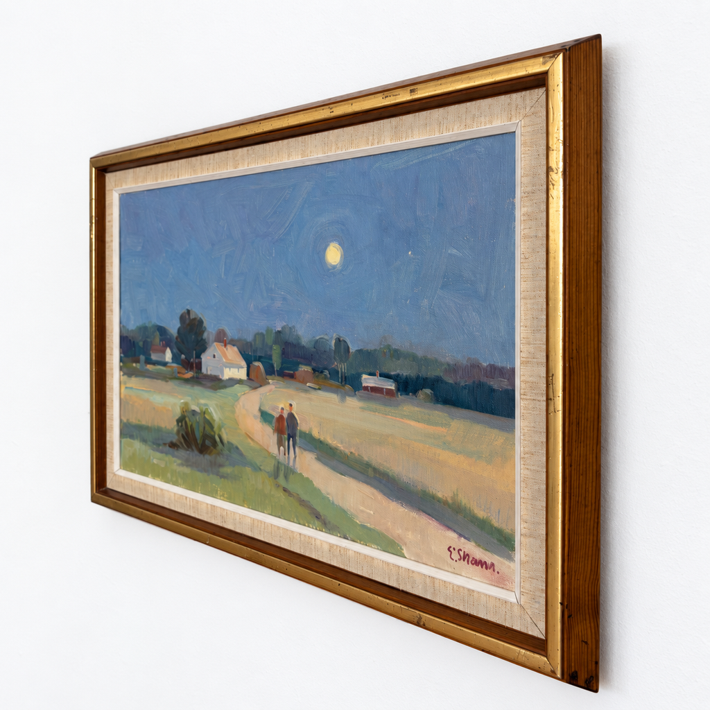 Moonlit Landscape Painting with Two Figures | Signed, Original Frame