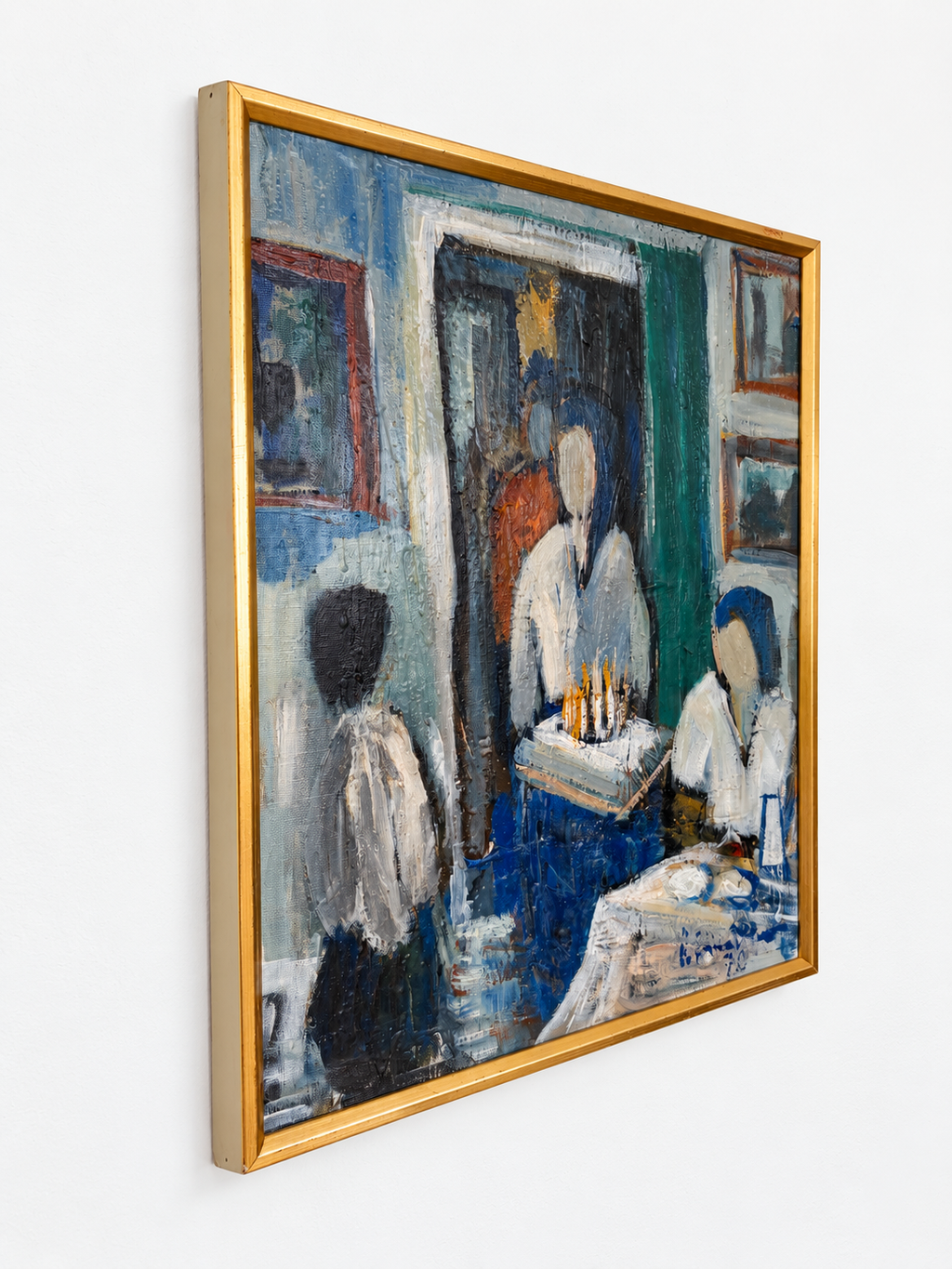 Original Modernist Oil Painting – Birthday Interior Scene, Blue Green