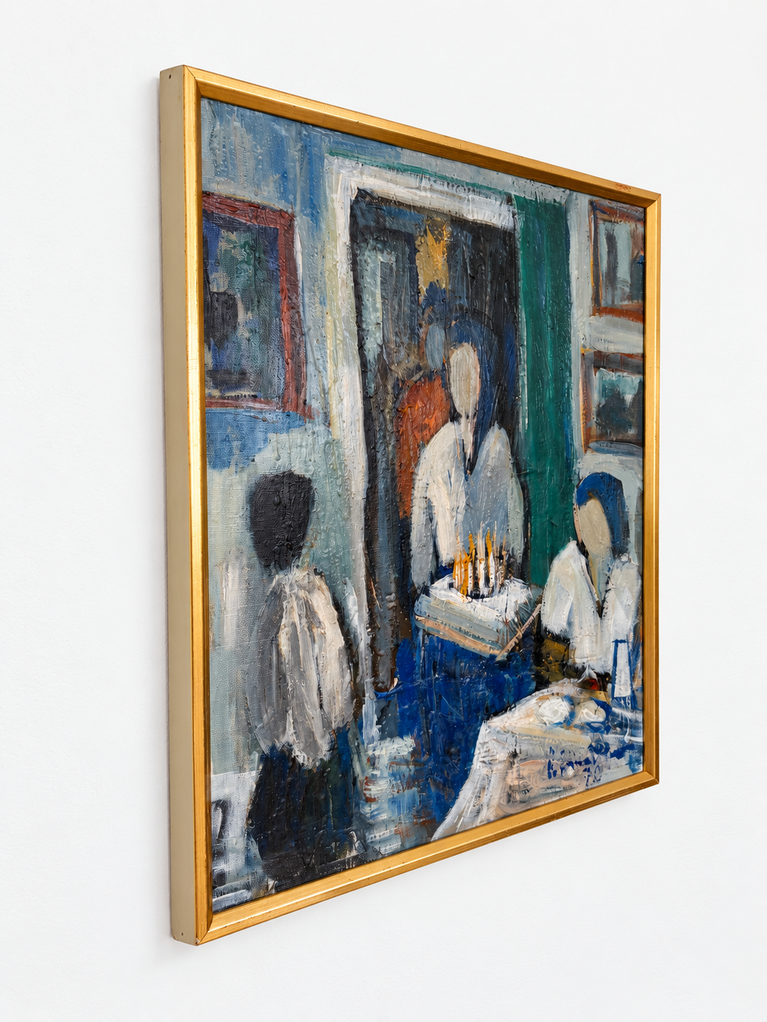 Original Modernist Oil Painting – Birthday Interior Scene, Blue Green