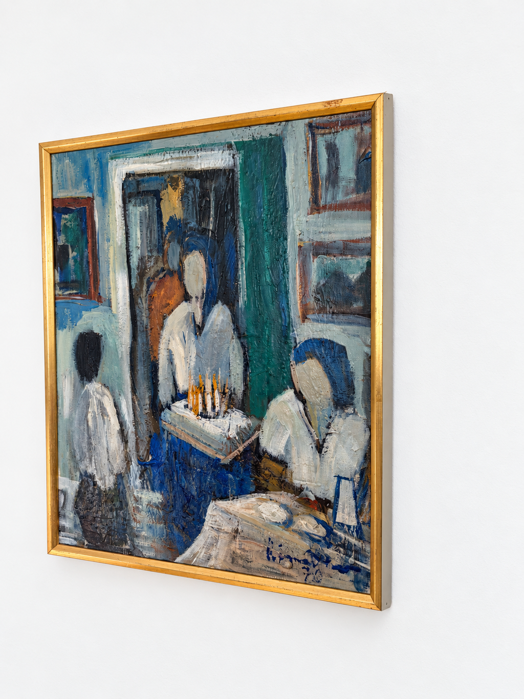 Original Modernist Oil Painting – Birthday Interior Scene, Blue Green