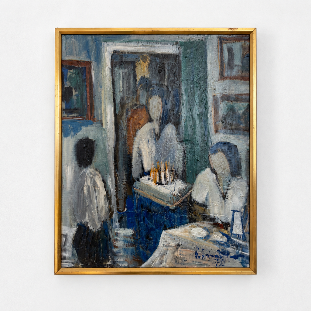 Original Modernist Oil Painting – Birthday Interior Scene, Blue Green