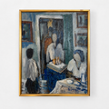 Original Modernist Oil Painting – Birthday Interior Scene, Blue Green
