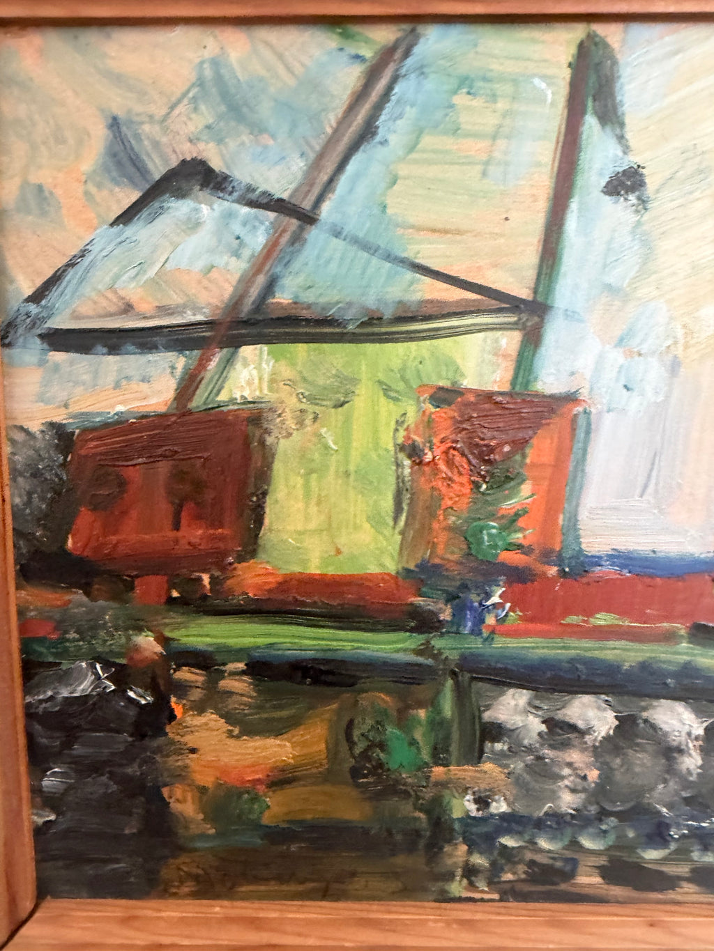 Small Vintage Framed Mid-Century Scandinavian Harbor Oil Painting