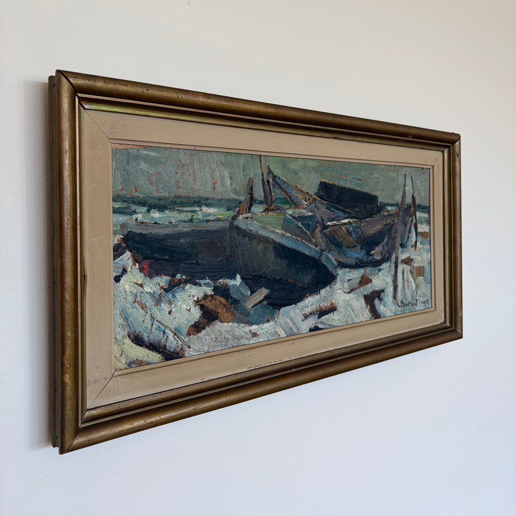 Vintage Swedish Fishing Boats Painting – Signed 1969, Original Frame