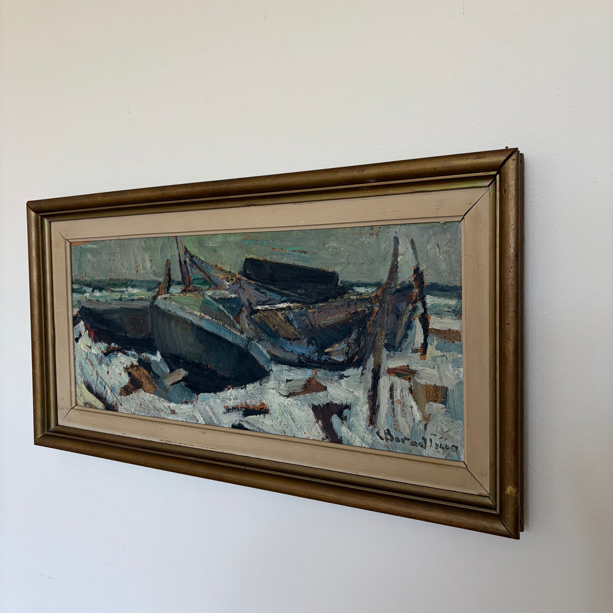 Vintage Swedish Fishing Boats Painting – Signed 1969, Original Frame