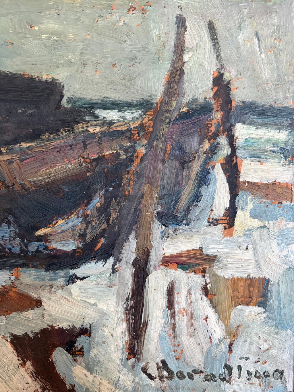 Vintage Swedish Fishing Boats Painting – Signed 1969, Original Frame