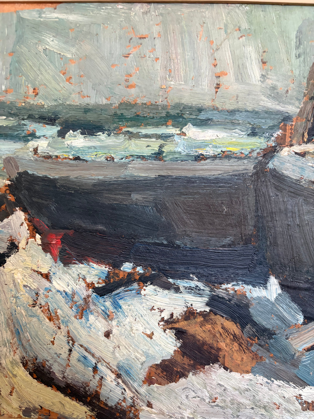 Vintage Swedish Fishing Boats Painting – Signed 1969, Original Frame