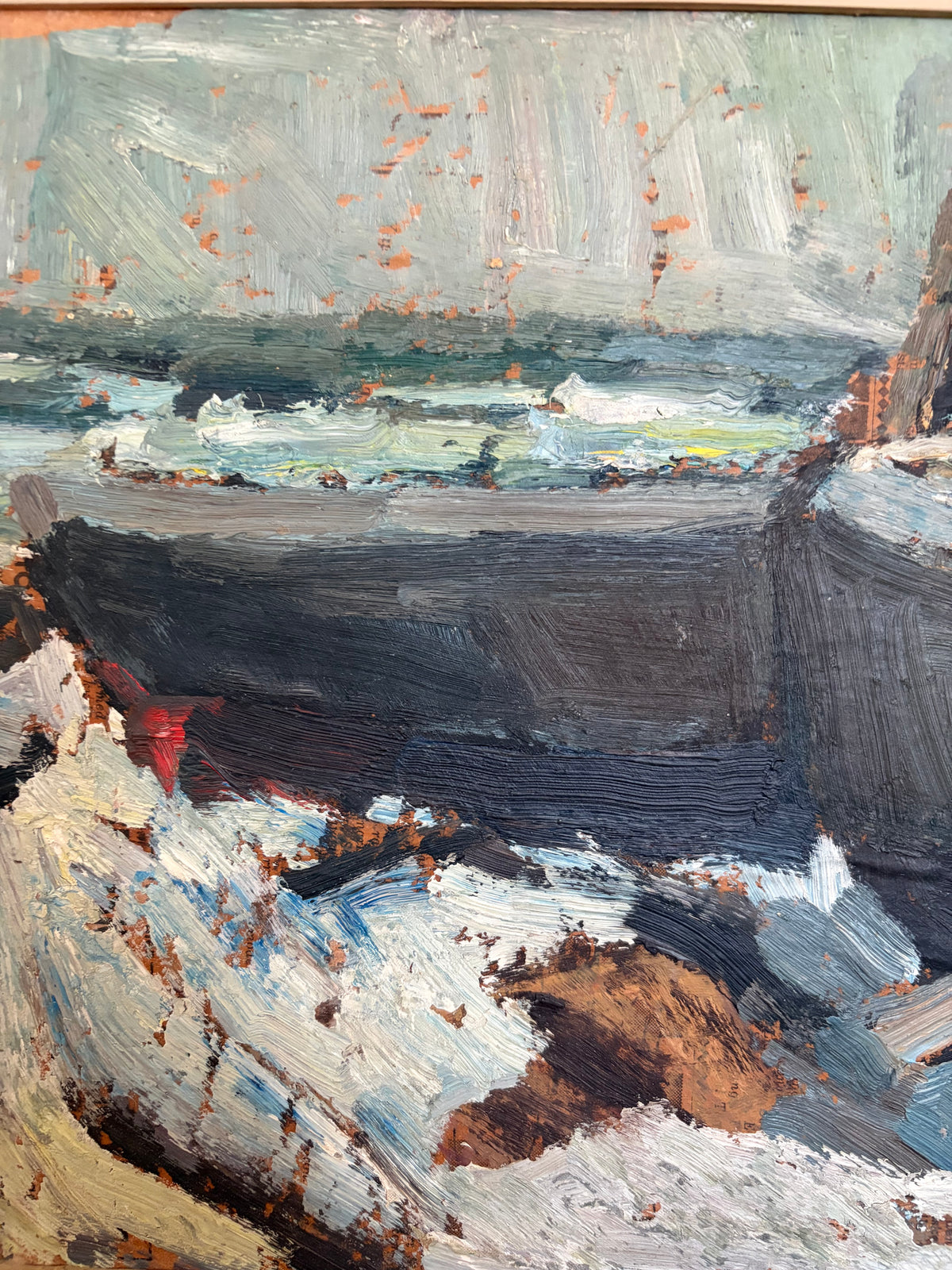 Vintage Swedish Fishing Boats Painting – Signed 1969, Original Frame