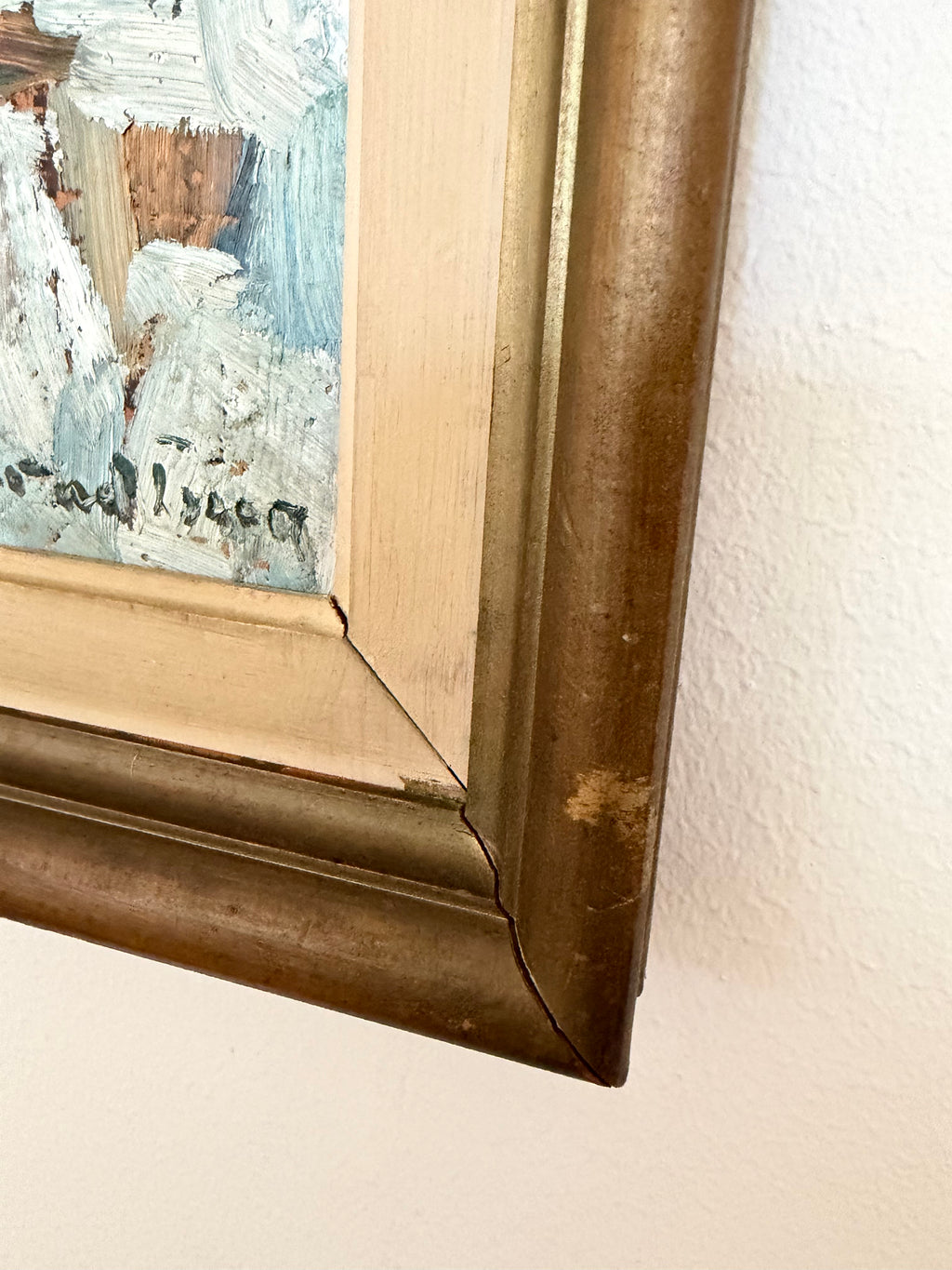 Vintage Swedish Fishing Boats Painting – Signed 1969, Original Frame