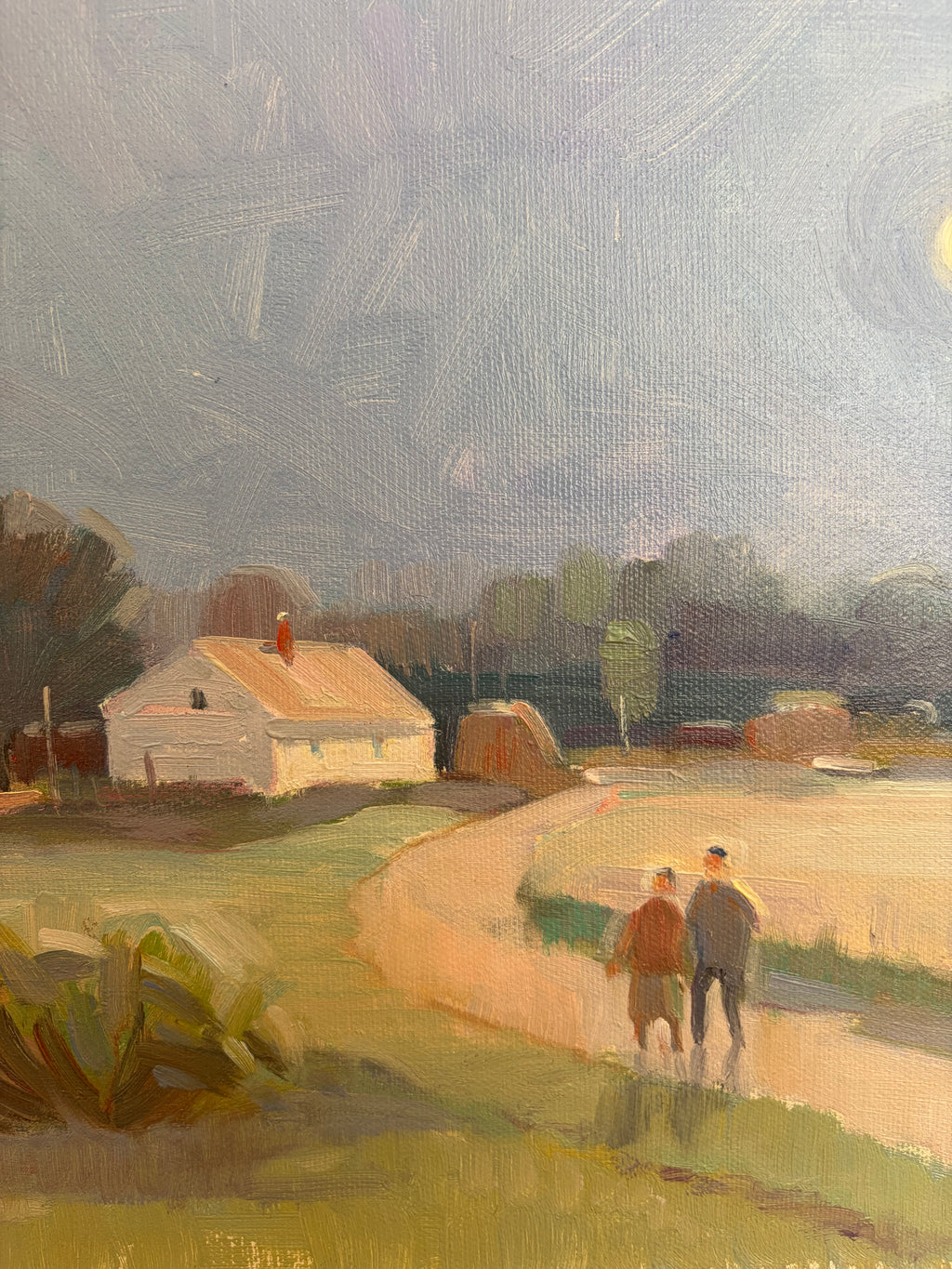 Moonlit Landscape Painting with Two Figures | Signed, Original Frame