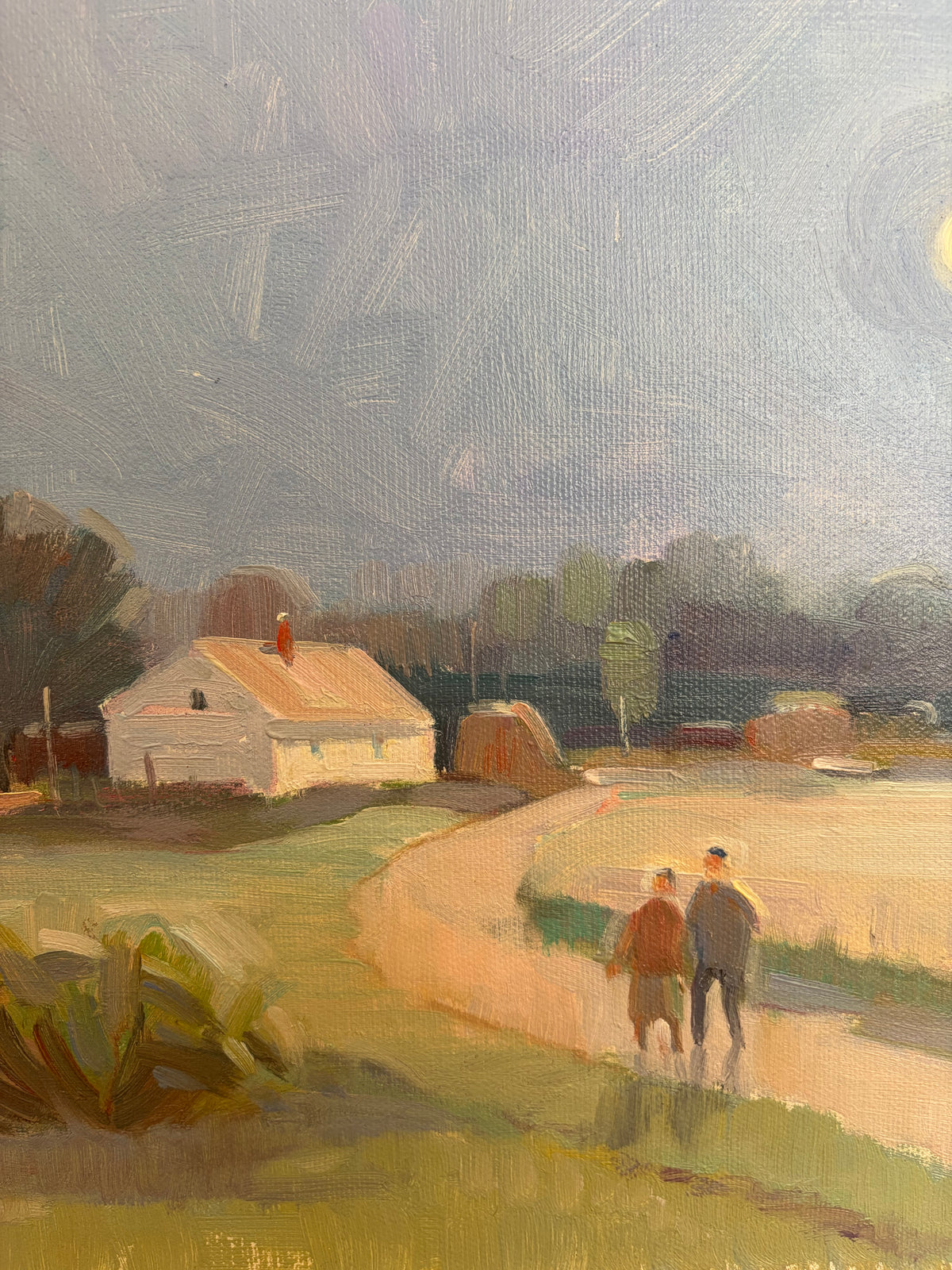 Moonlit Landscape Painting with Two Figures | Signed, Original Frame