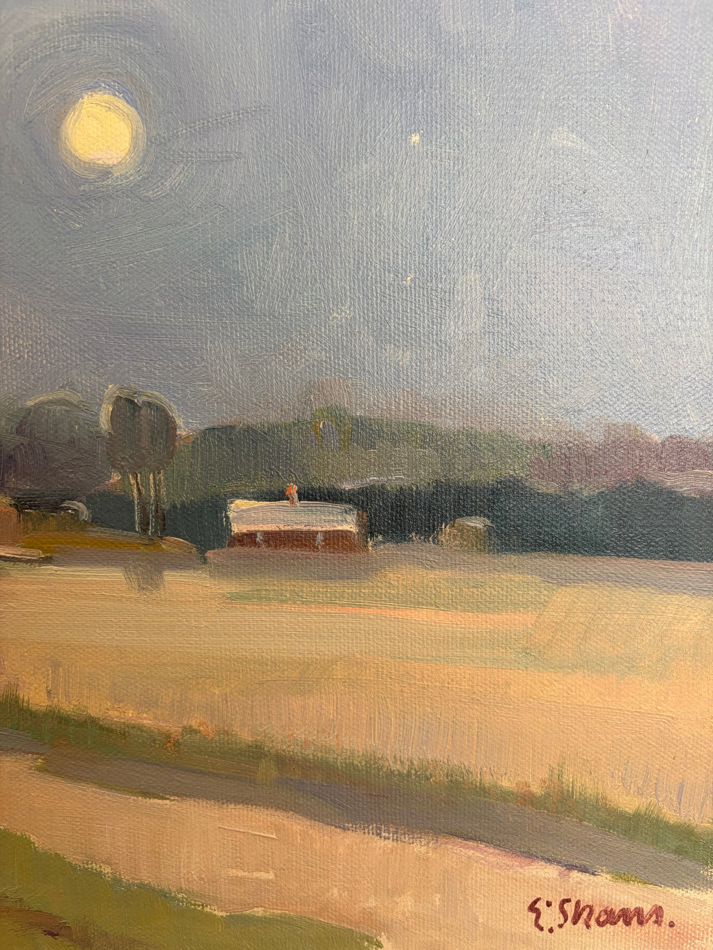 Moonlit Landscape Painting with Two Figures | Signed, Original Frame