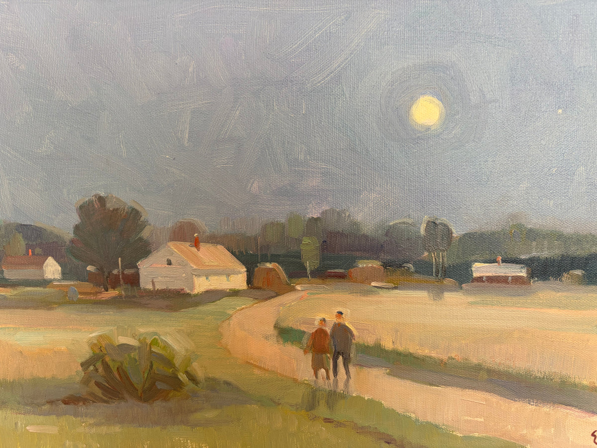 Moonlit Landscape Painting with Two Figures | Signed, Original Frame