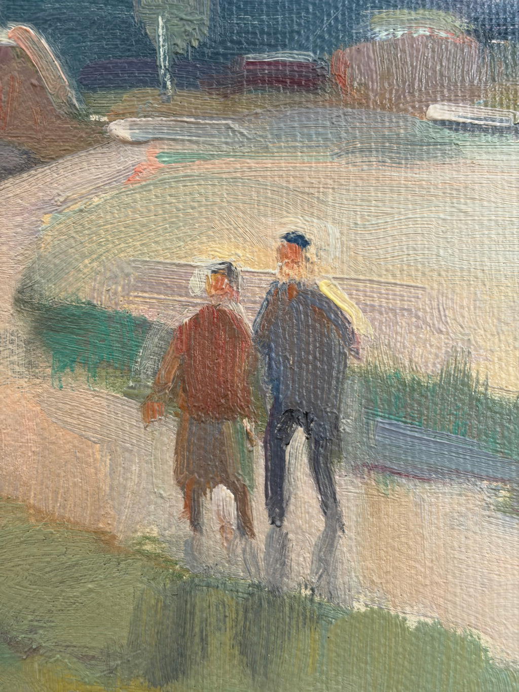 Moonlit Landscape Painting with Two Figures | Signed, Original Frame