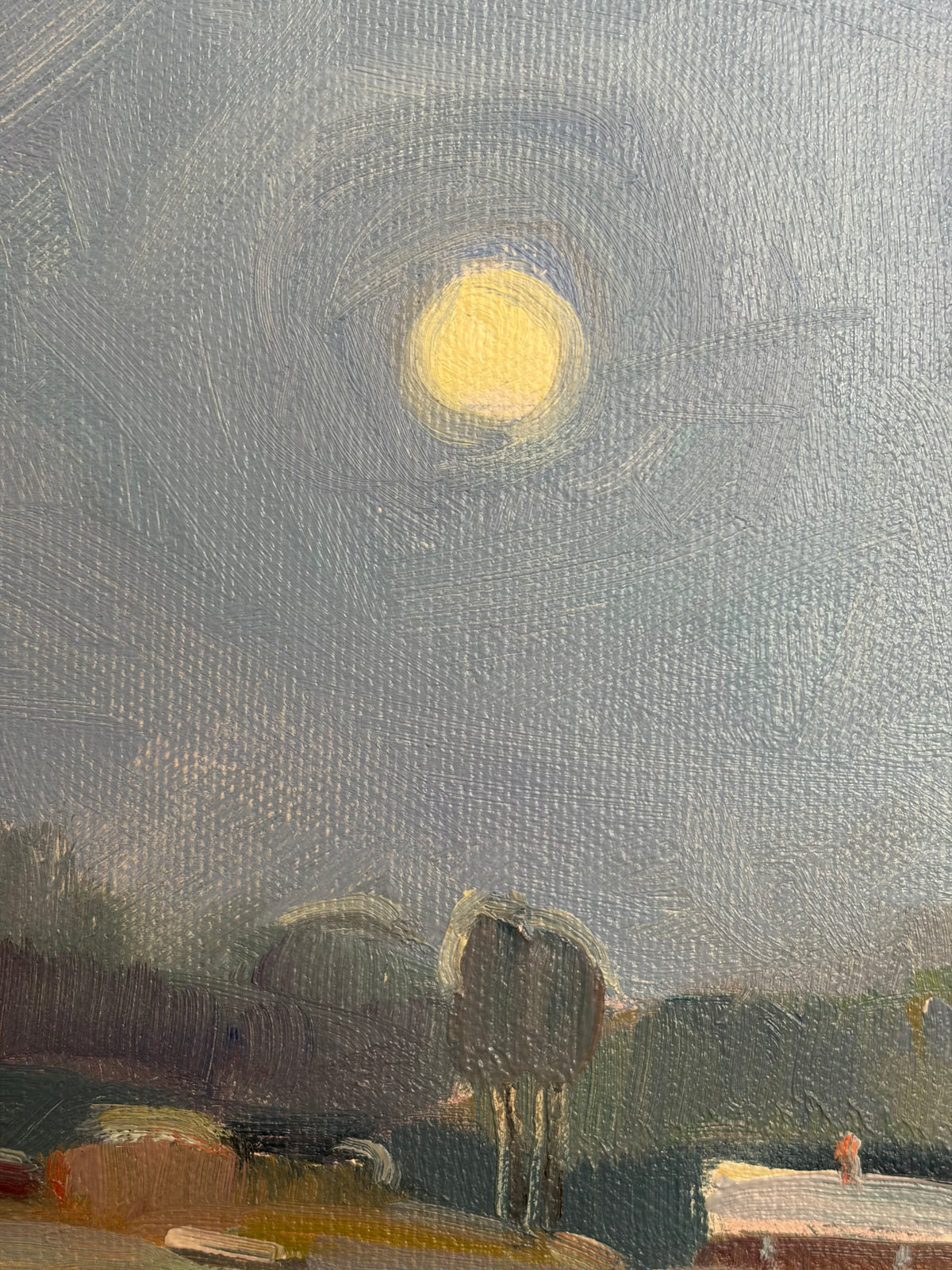 Moonlit Landscape Painting with Two Figures | Signed, Original Frame