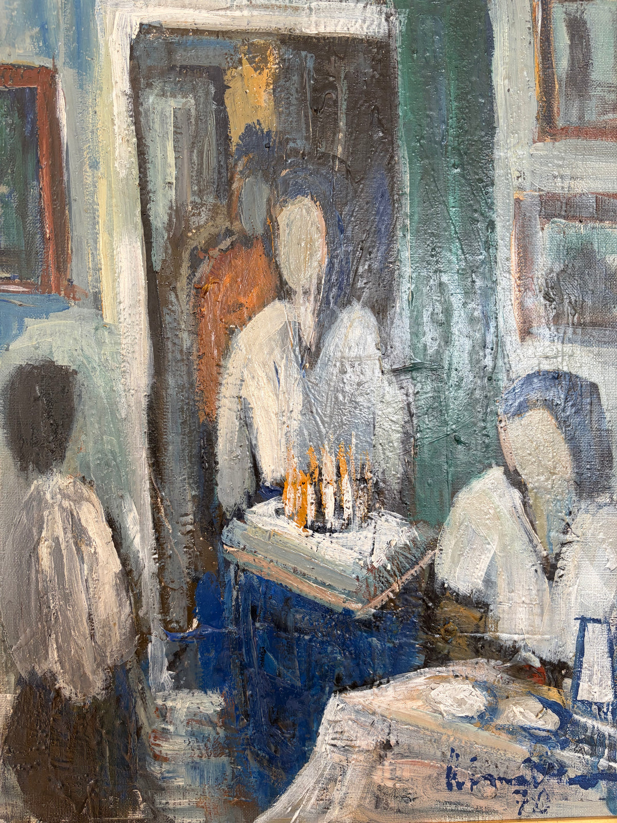 Original Modernist Oil Painting – Birthday Interior Scene, Blue Green