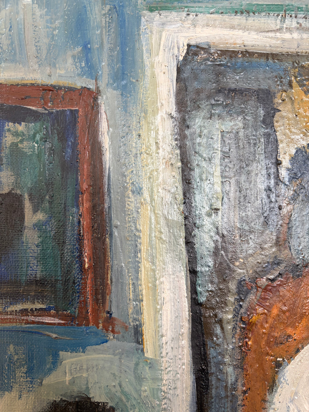 Original Modernist Oil Painting – Birthday Interior Scene, Blue Green