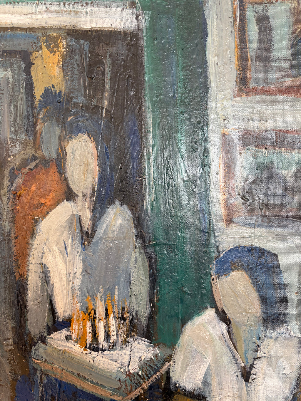 Original Modernist Oil Painting – Birthday Interior Scene, Blue Green