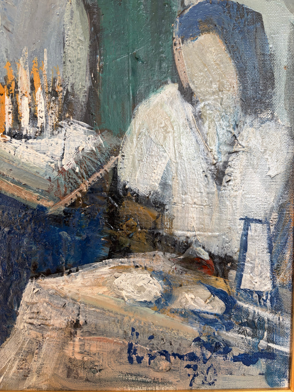 Original Modernist Oil Painting – Birthday Interior Scene, Blue Green
