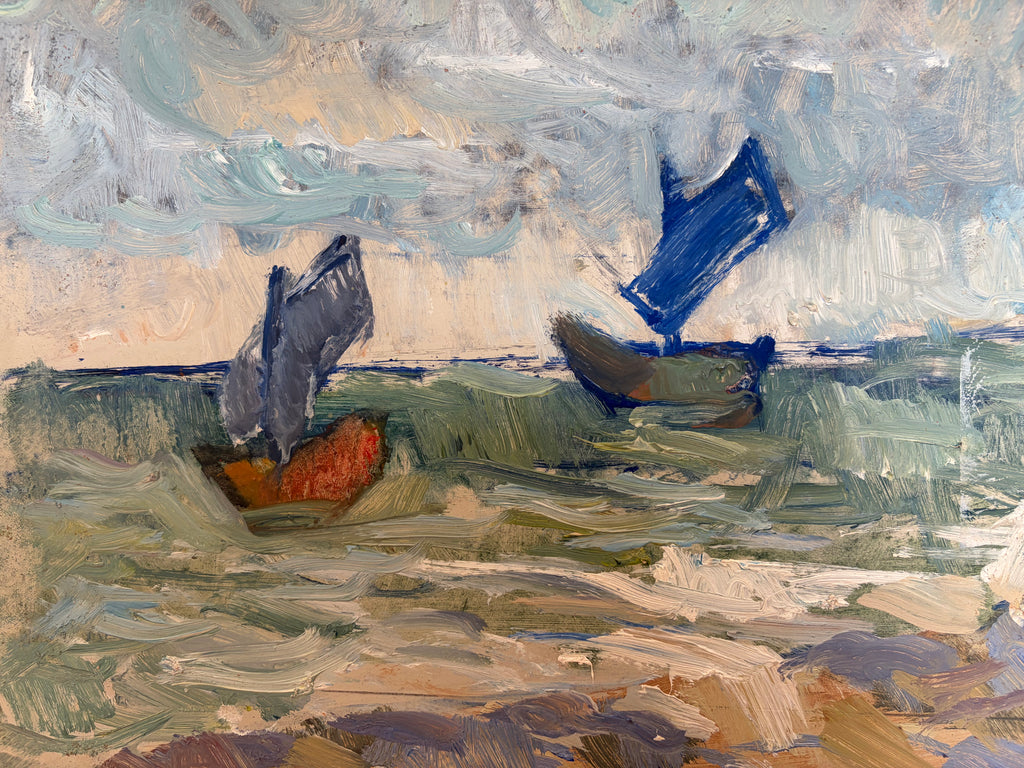 Vintage Sailboat Oil Painting, 1977 – Small Framed Coastal Seascape – Blue and Green – Signed BW