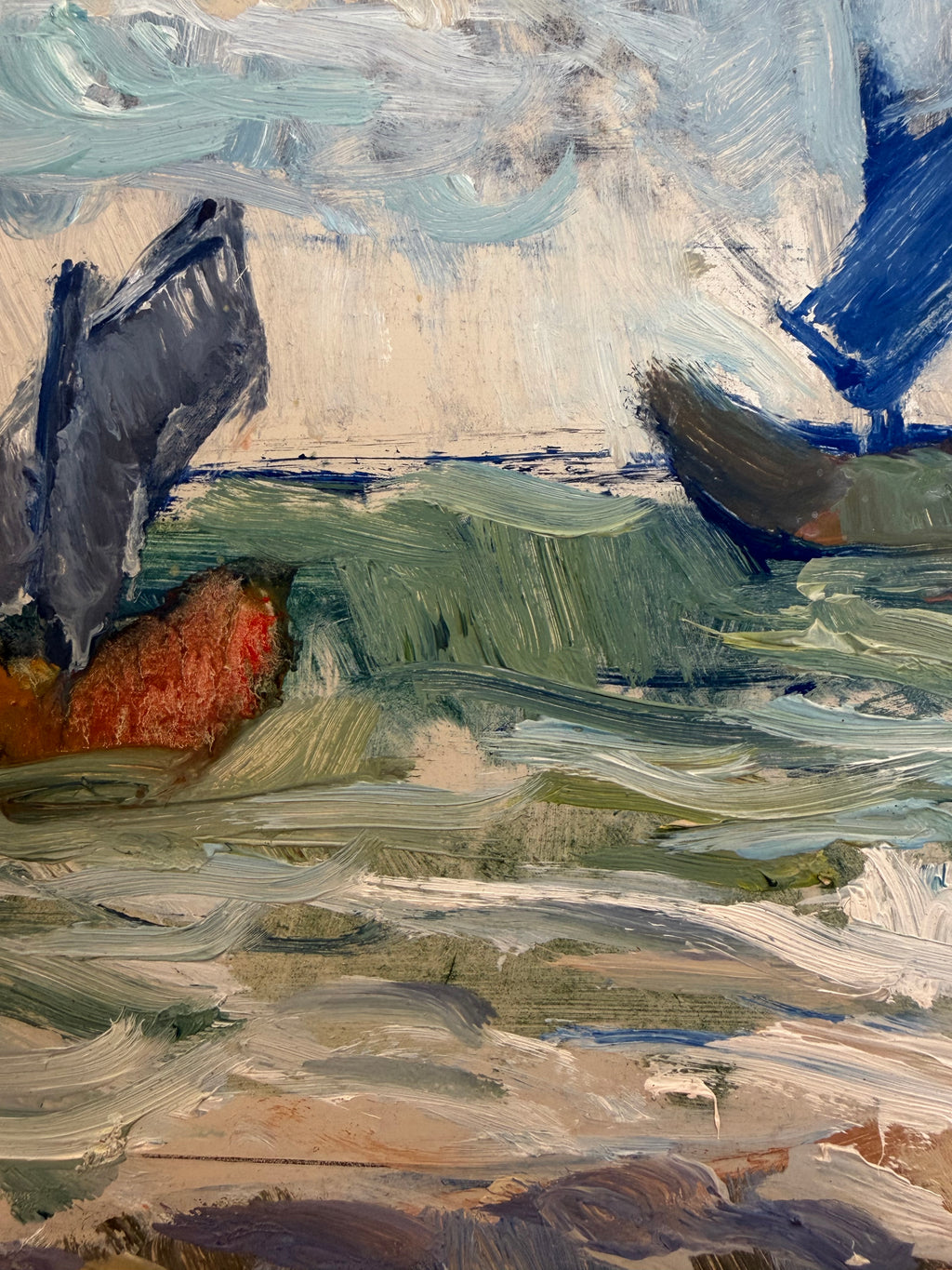 Vintage Sailboat Oil Painting, 1977 – Small Framed Coastal Seascape – Blue and Green – Signed BW