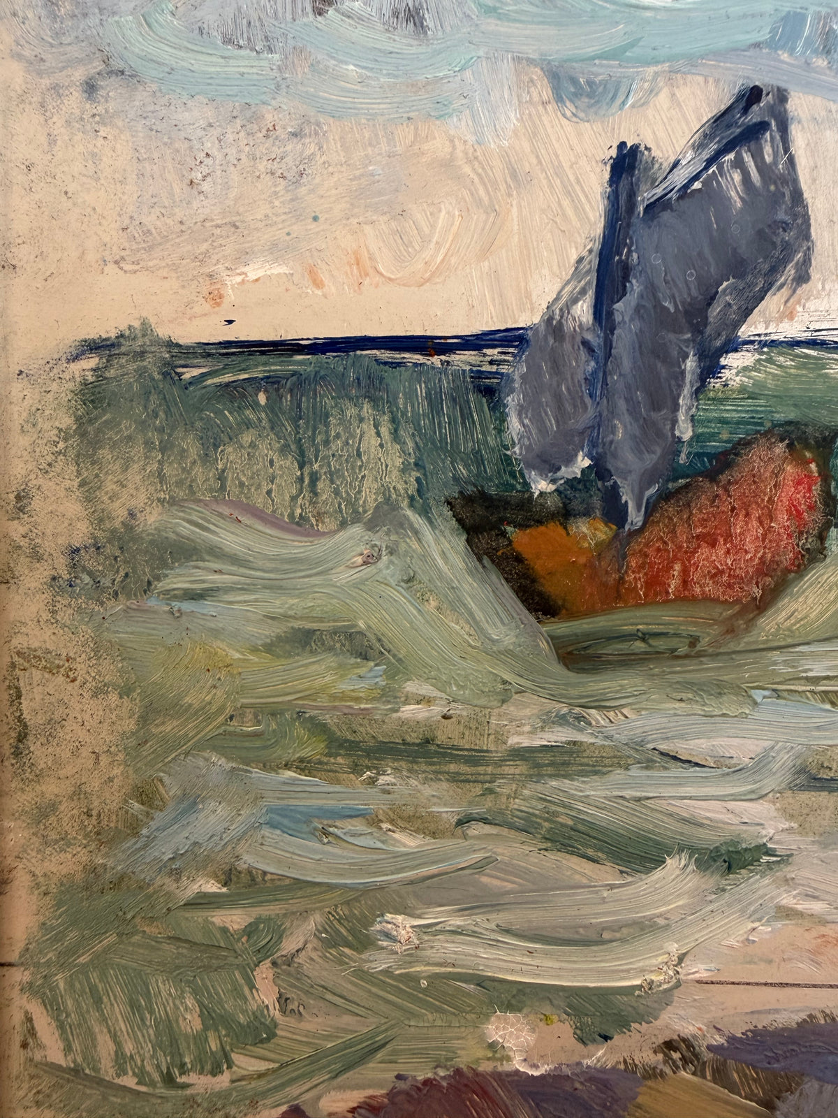 Vintage Sailboat Oil Painting, 1977 – Small Framed Coastal Seascape – Blue and Green – Signed BW