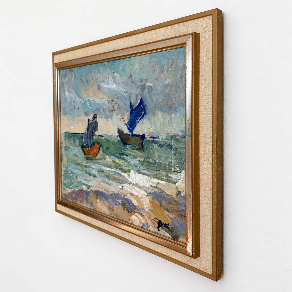 Vintage Sailboat Oil Painting, 1977 – Small Framed Coastal Seascape – Blue and Green – Signed BW