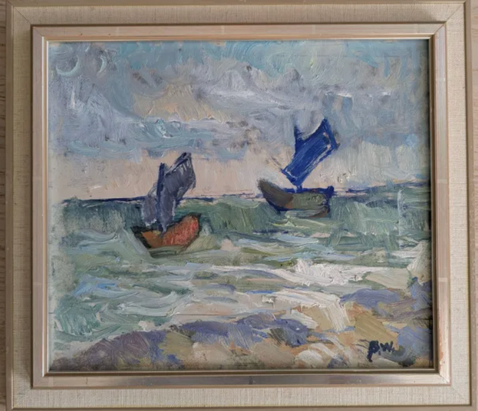 Vintage Sailboat Oil Painting, 1977 – Small Framed Coastal Seascape – Blue and Green – Signed BW