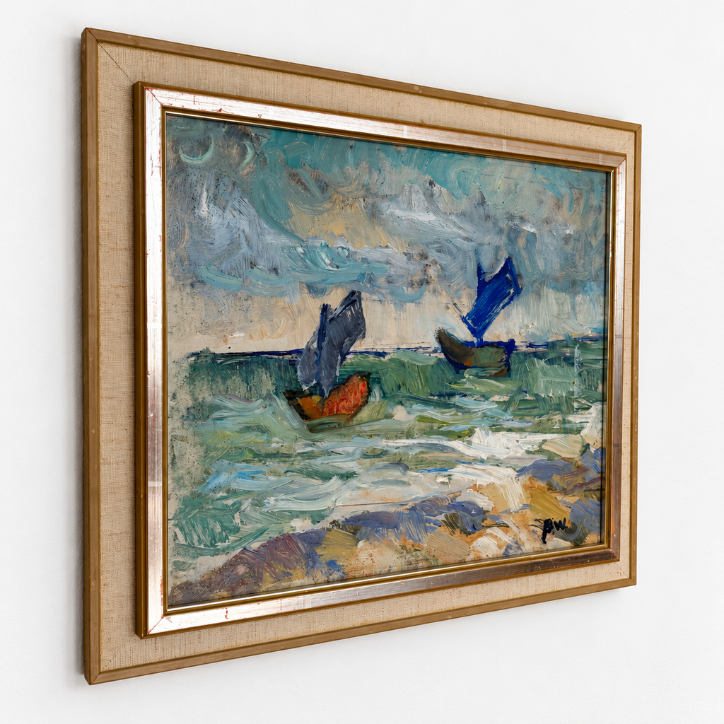 Vintage Sailboat Oil Painting, 1977 – Small Framed Coastal Seascape – Blue and Green – Signed BW
