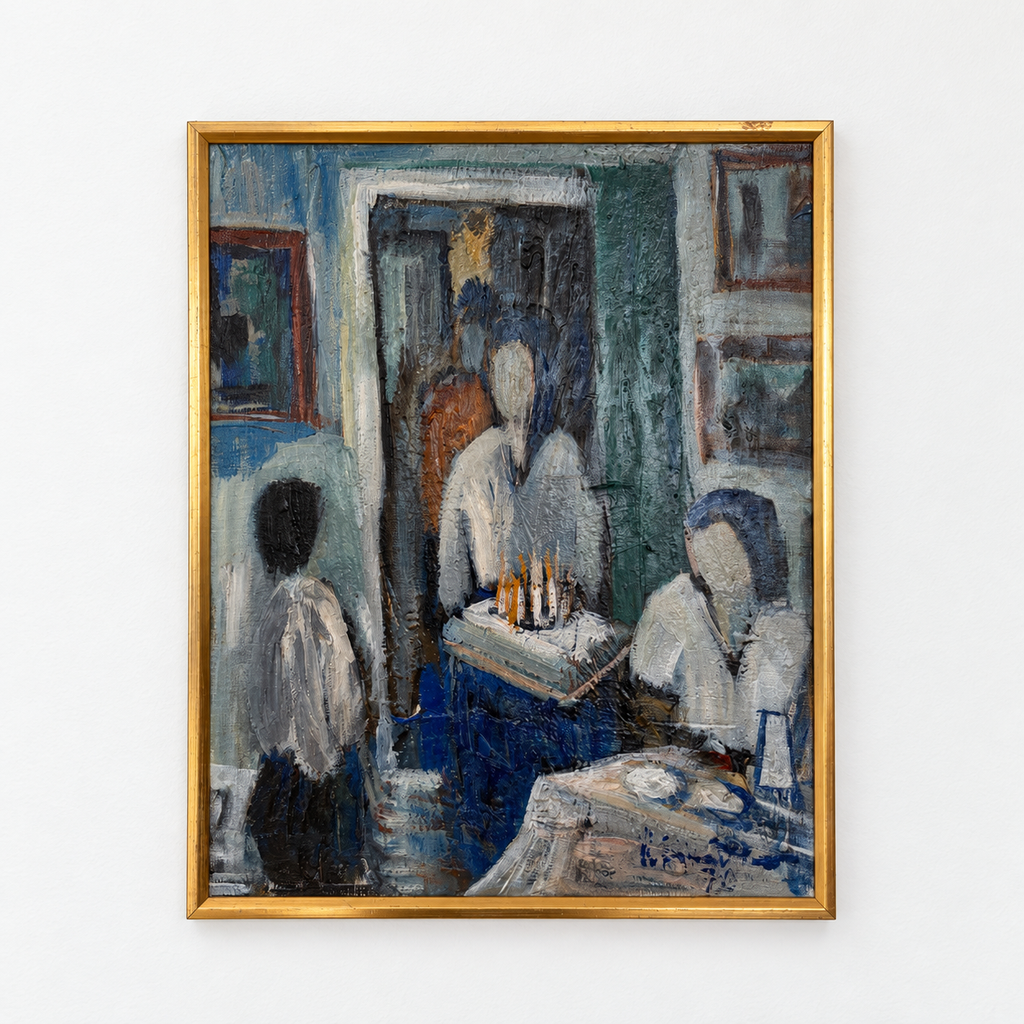 Original Modernist Oil Painting – Birthday Interior Scene, Blue Green