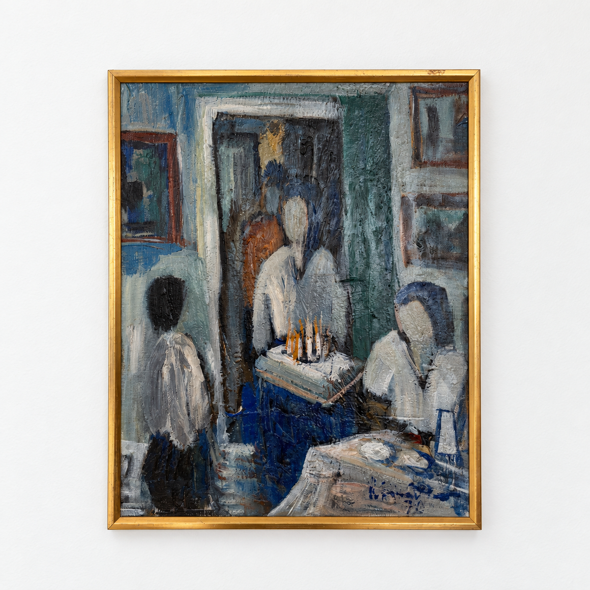 Original Modernist Oil Painting – Birthday Interior Scene, Blue Green